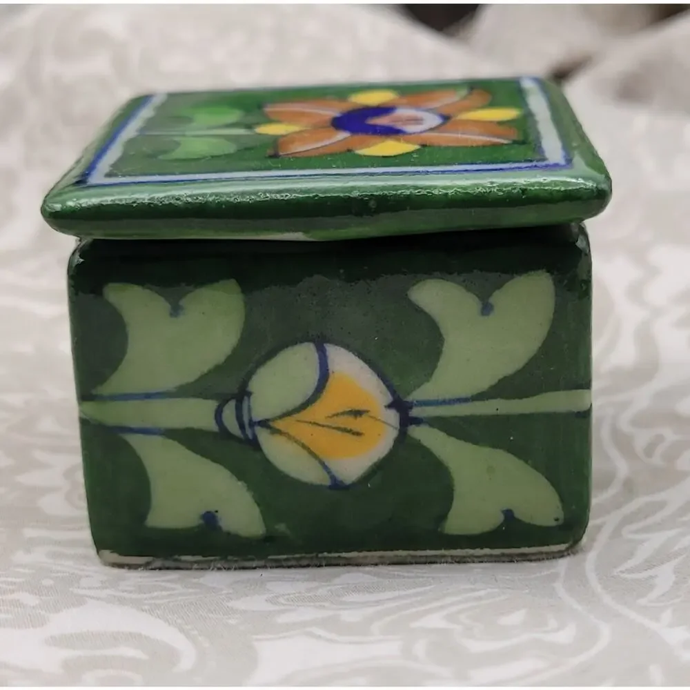 Vintage Ceramic Talavera Green Floral Hand Painted Jewlery Trinket Box, Wedding